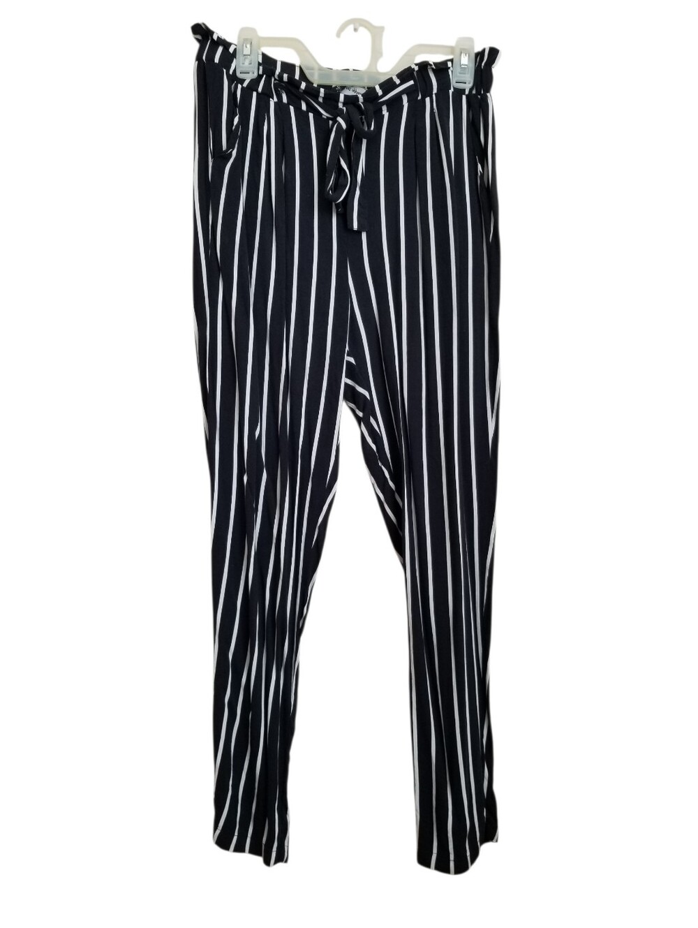 Ambiance Apparel Women’s Black Striped Pull-On Pants Elastic Waist Tie Size L